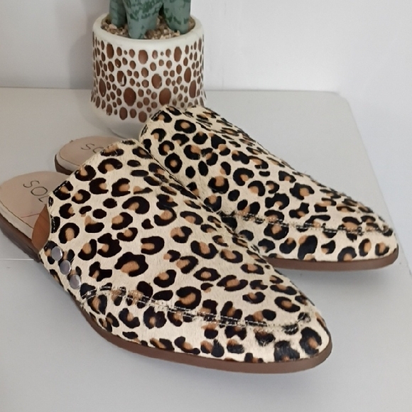 Sole Society Size 7 Cheetah Print Pointed Toe Mules Tan Black Leather Calf Hair - Picture 4 of 10